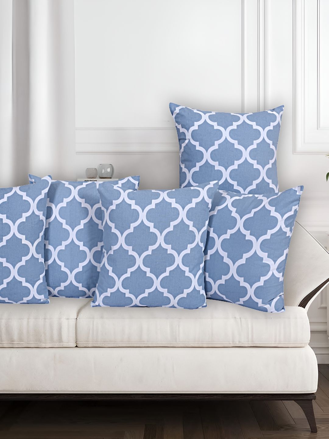 Texstylers Blue & white 5 Pieces Ethnic Motif Cotton Square Reversible Cushion Covers-image-42