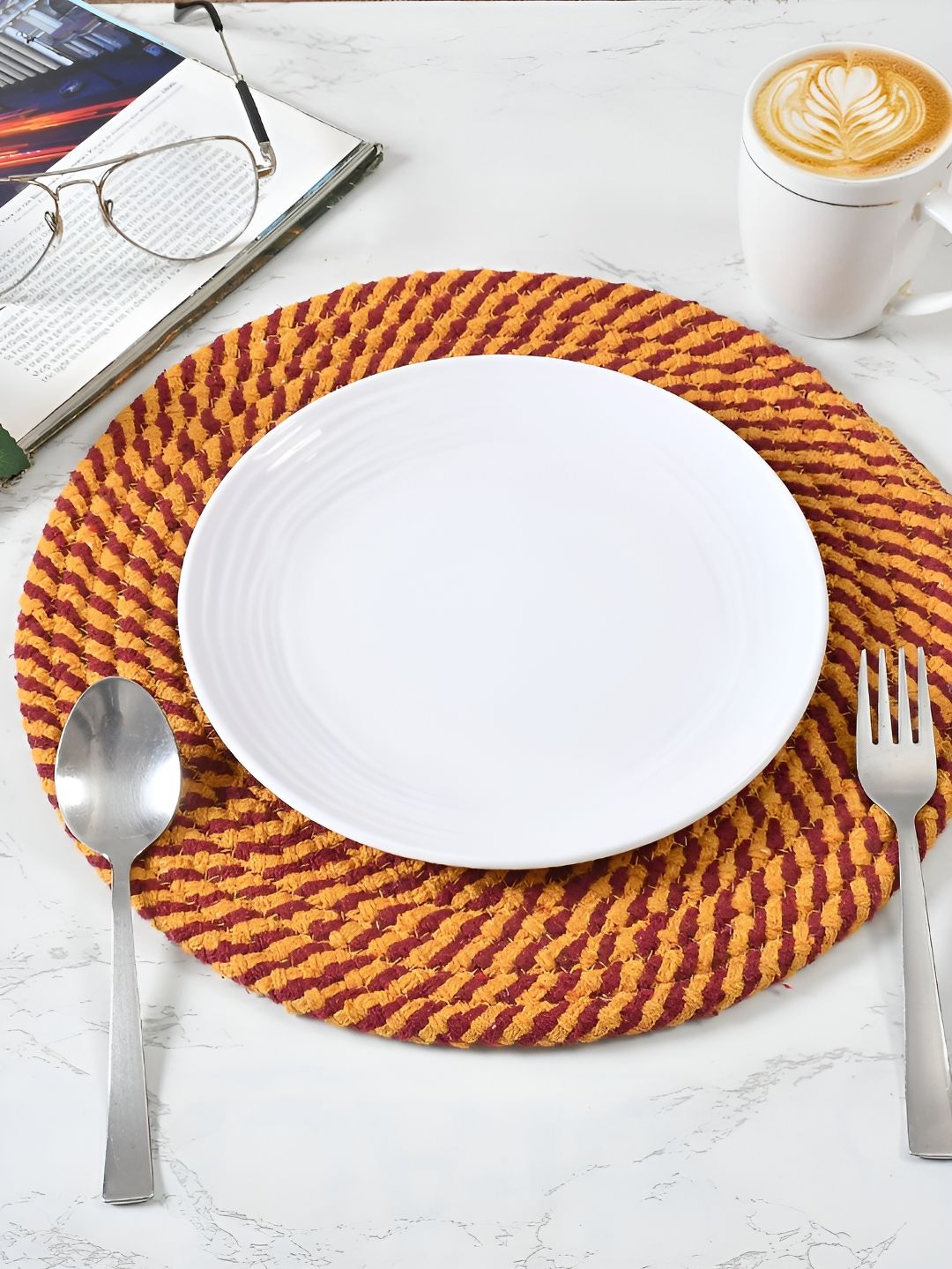 HOMADORN 6 Pieces Red & Yellow Self Design Pure Cotton Round Reversible Table Placemats-image-39