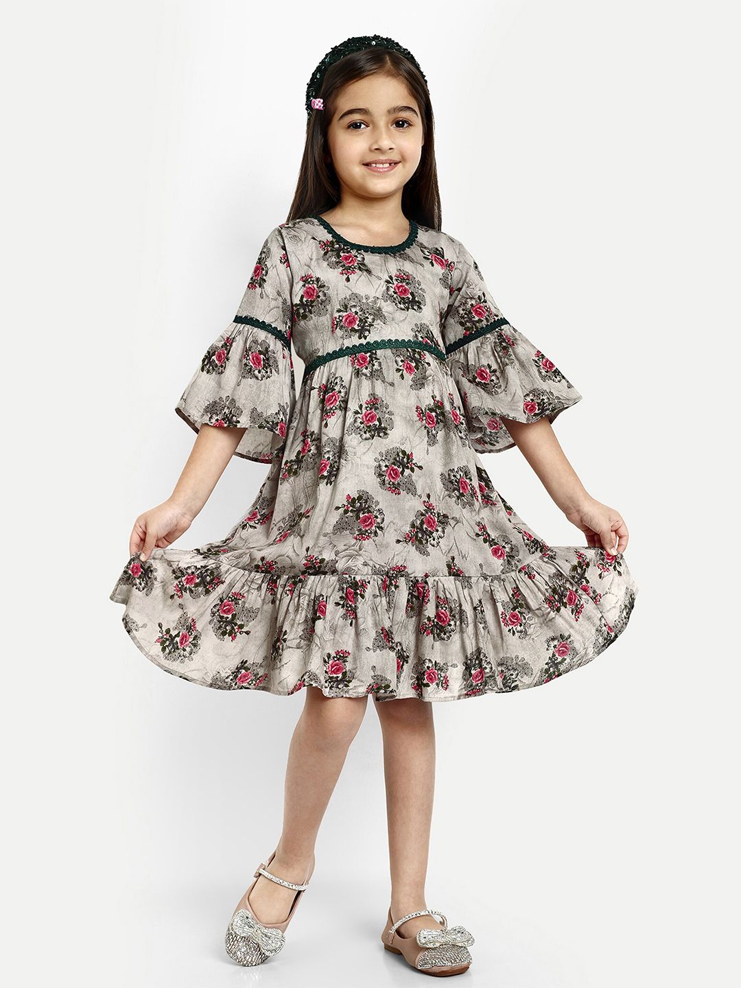 BAESD Girls Floral Printed Bell Sleeves Cotton Fit and Flare Dress-picture-38