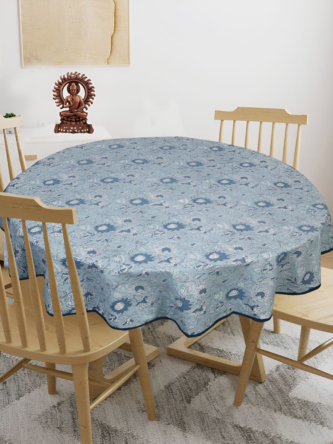 Texstylers Blue & White Floral Printed Cotton Round 4-Seater Anti-Slip Table Cover-picture-14