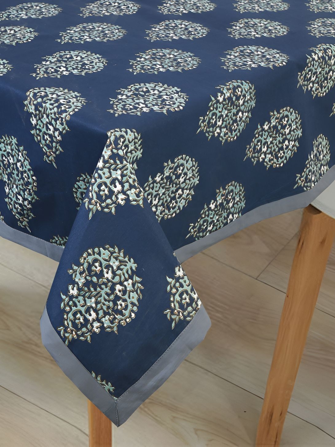 Texstylers Navy Blue & Green Floral Printed Cotton 6 Seater Anti-Slip Table Cover-image-37