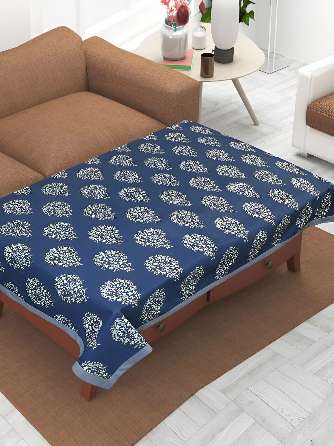 Texstylers Texstylers Navy Blue & White Floral Printed Cotton 6 Seater Anti-Slip Table Cover