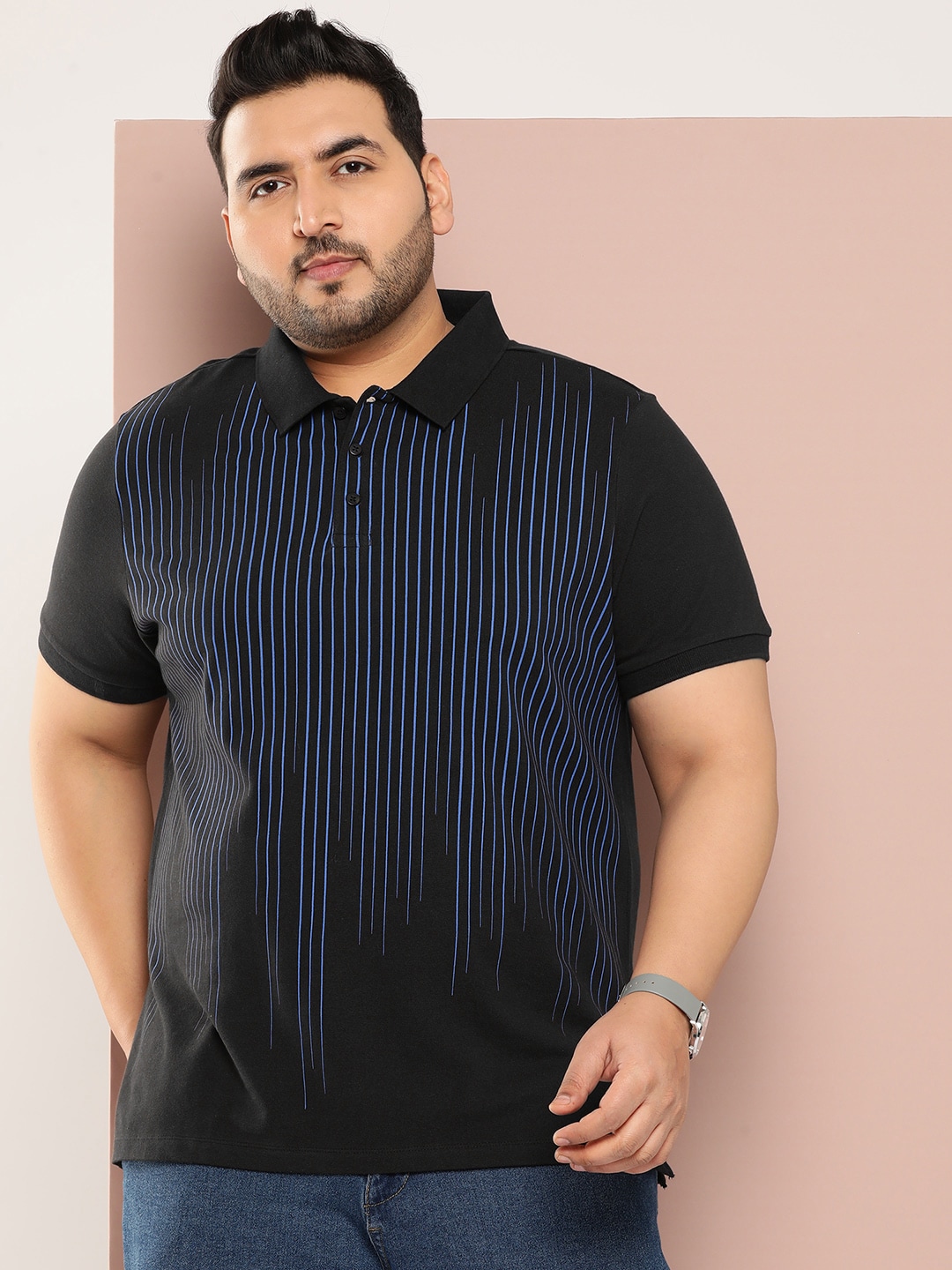 Sztori Men Plus Size Striped Polo Collar T-shirt