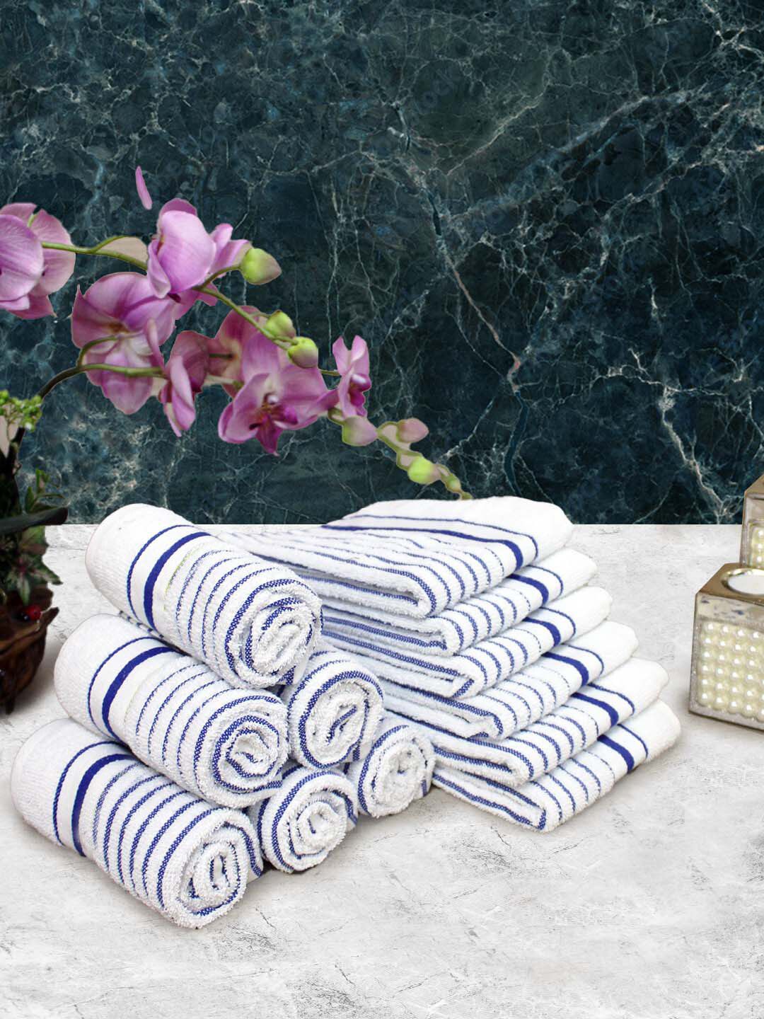 Athom Living White & Blue 12 Pieces Striped Cotton 150 GSM Soft Hand Towels-picture-33