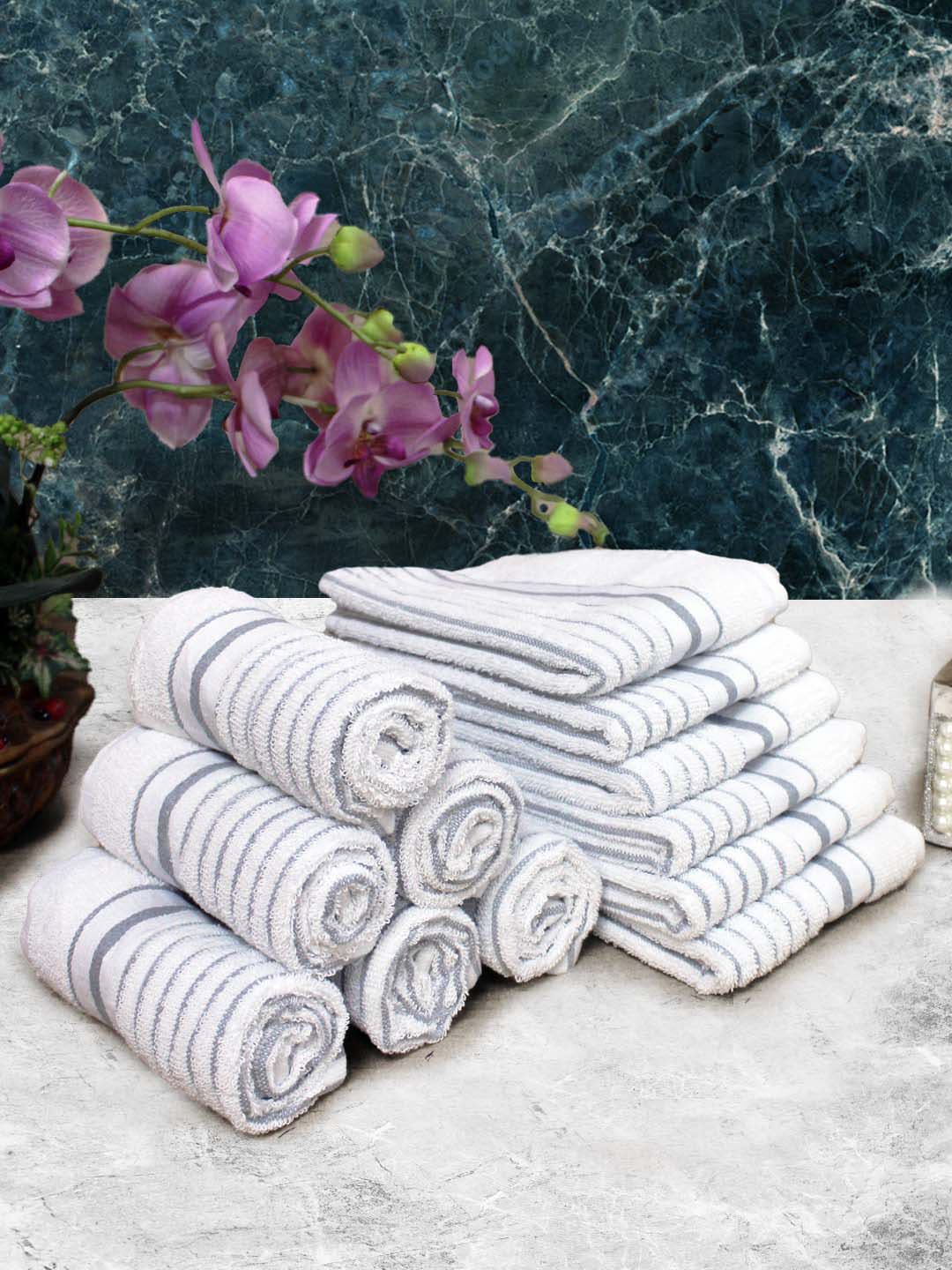 Athom Living Grey & White 12 Pieces Striped Cotton 150 GSM Soft Hand Towels-image-32