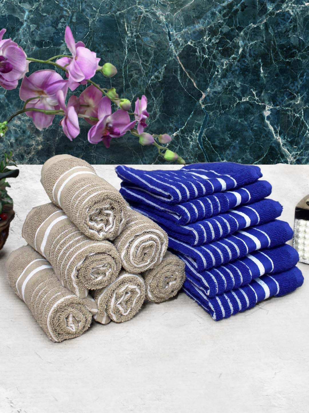Athom Living Beige & Blue 12 Pieces Striped Cotton 150 GSM Soft Hand Towels-image-3