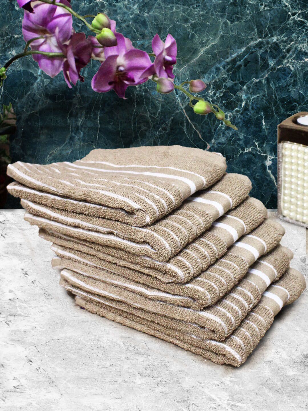 Athom Living Brown & White 6 Pieces Striped Cotton 150 GSM Soft Hand Towels-image-20