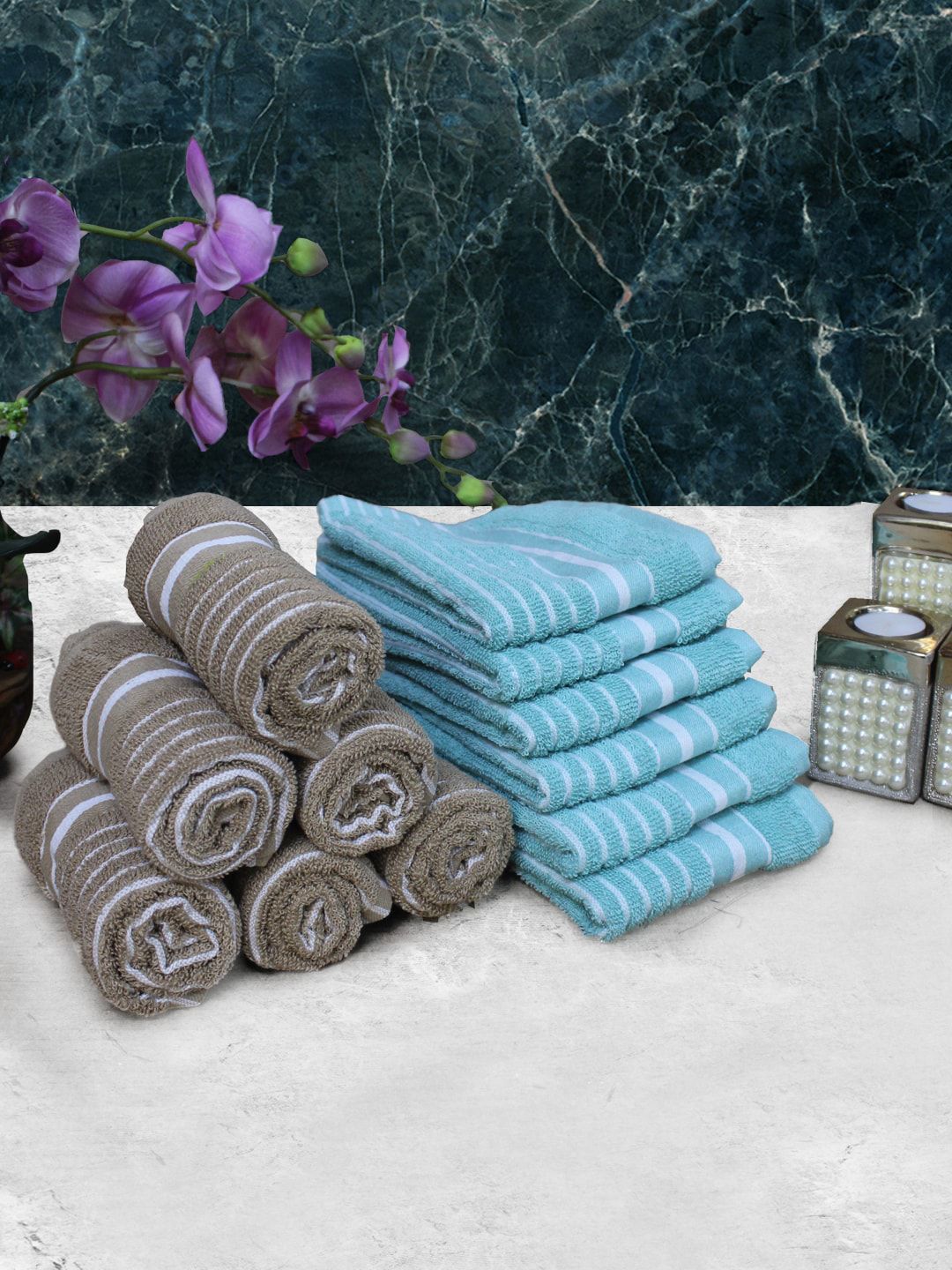 Athom Living Blue & Brown 12 Pieces Striped Cotton 150 GSM Soft Hand Towels-picture-37