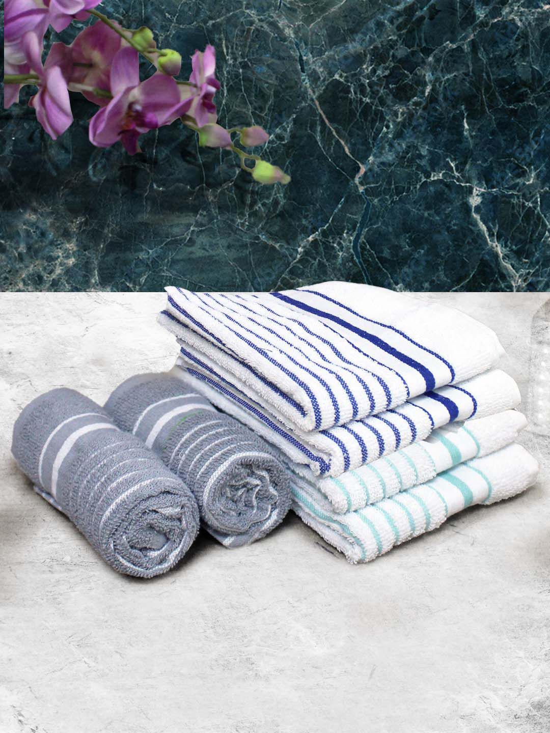 Athom Living Blue & Grey 6 Pieces Striped Cotton 150 GSM Soft Hand Towels-image-21