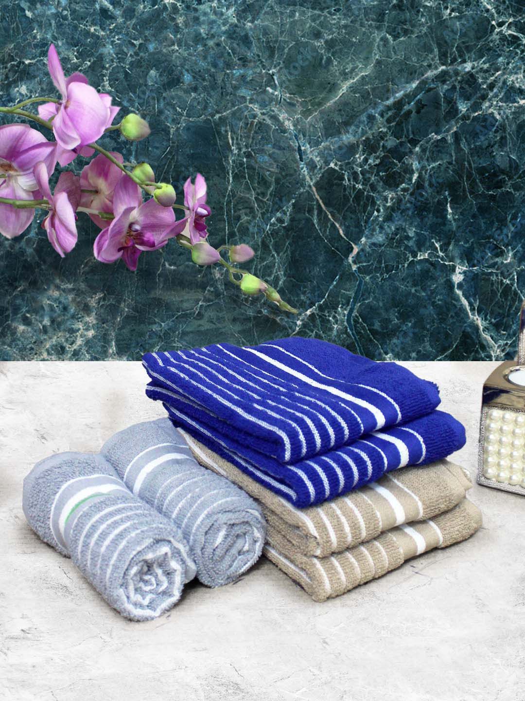 Athom Living Blue & Beige 6 Pieces Striped Cotton 150 GSM Soft Hand Towels-picture-6