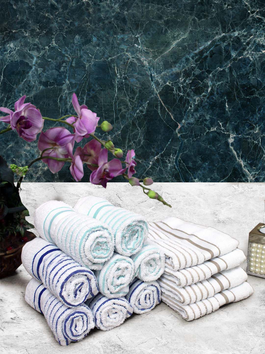 Athom Living Blue & White 12 Pieces Striped Cotton 150 GSM Soft Hand Towels-picture-32