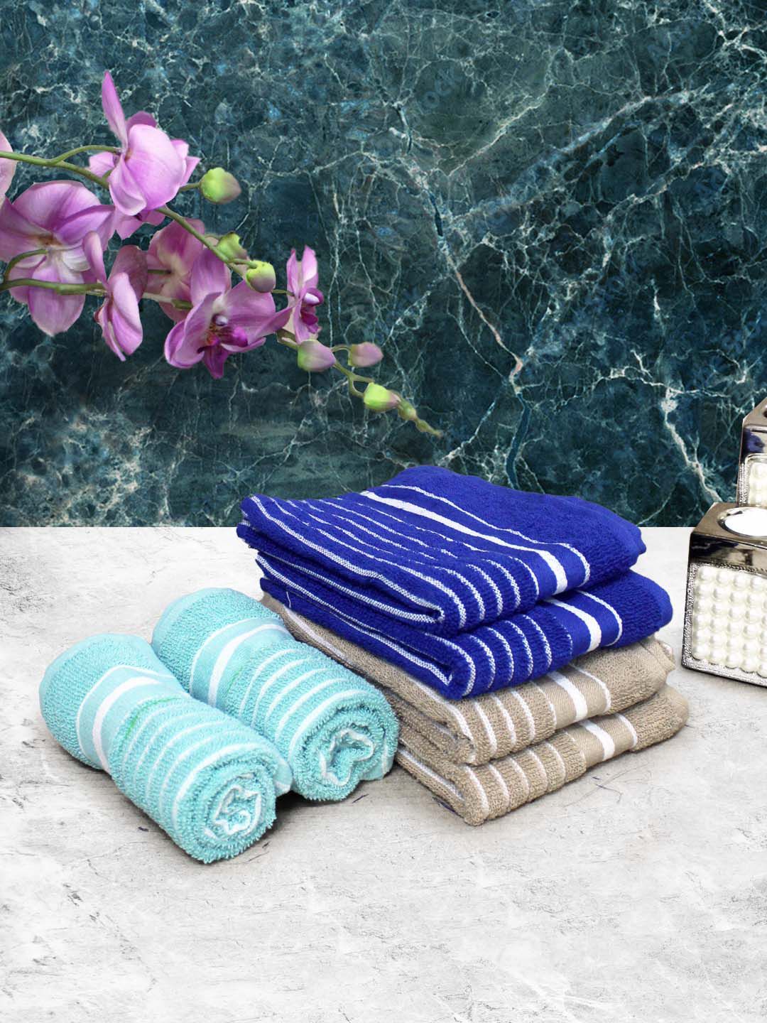 Athom Living Blue & Beige 6 Pieces Striped Cotton 150 GSM Soft Hand Towels-image-6
