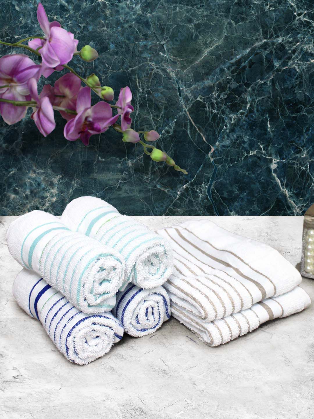 Athom Living White & Blue 6 Pieces Striped Cotton 150 GSM Soft Hand Towels-image-48