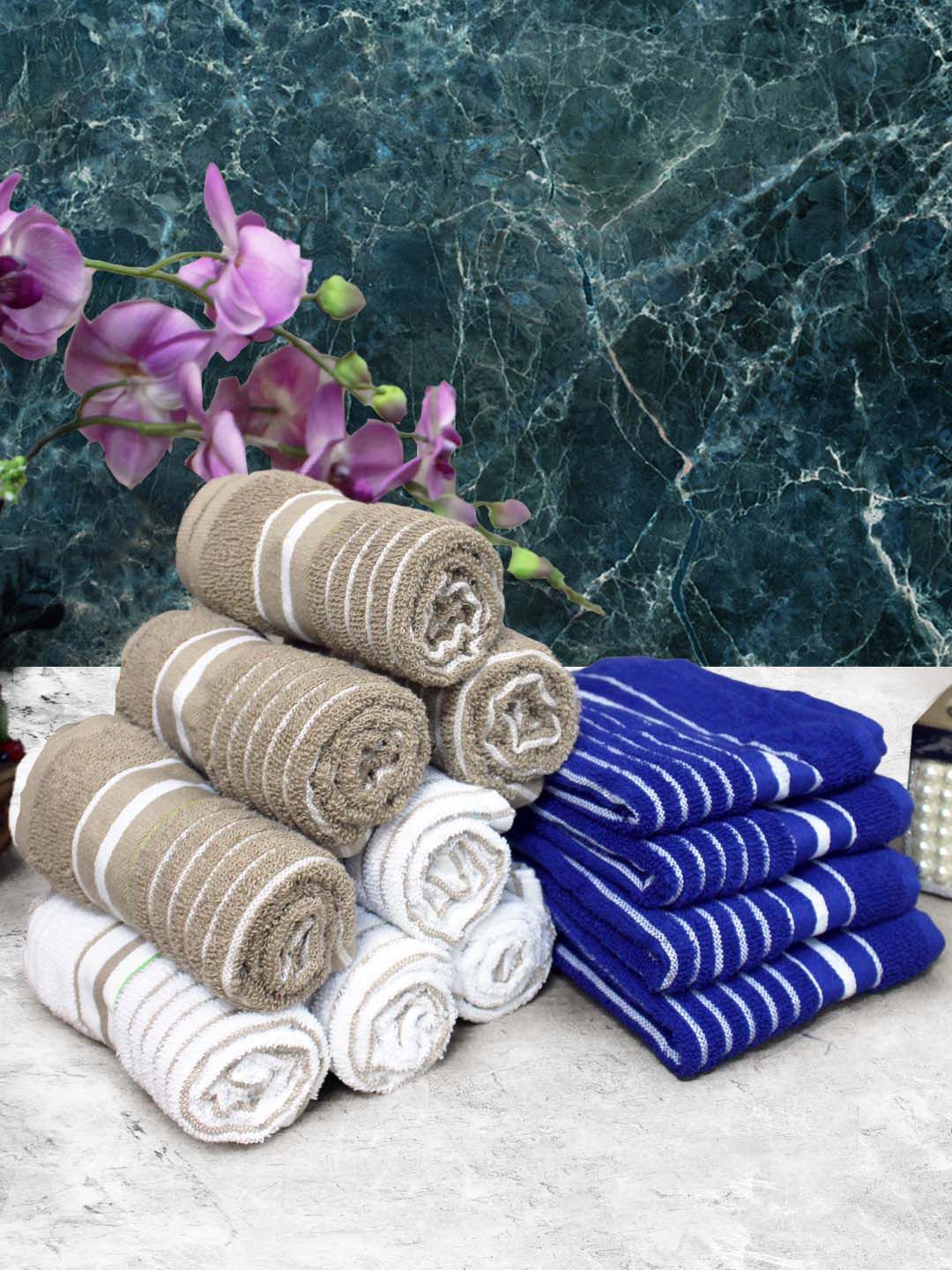 Athom Living Blue & Beige 12 Pieces Striped Cotton 150 GSM Soft Hand Towels-picture-31