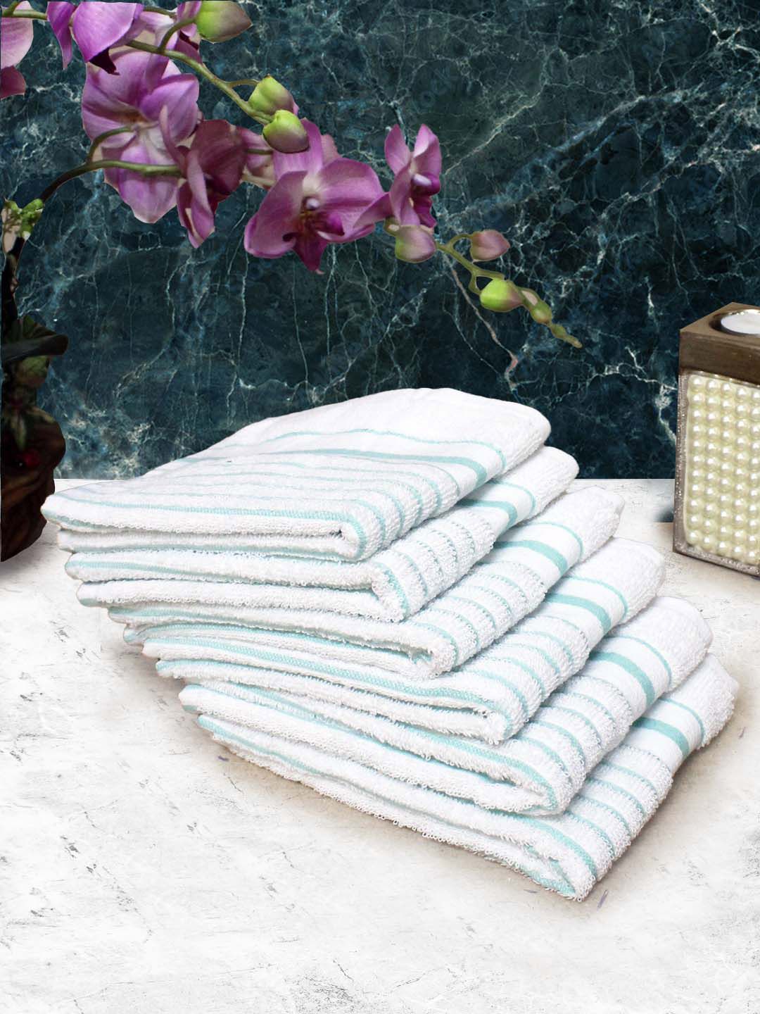 Athom Living White & Green 6 Pieces Striped Cotton 150 GSM Soft Hand Towels-image-46