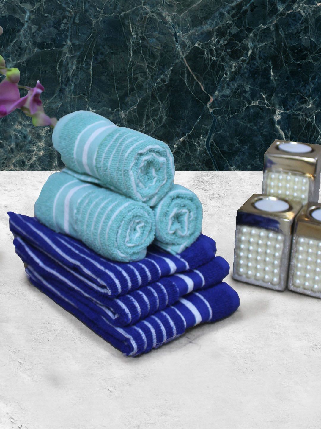 Athom Living Blue & Green Striped Cotton 150 GSM Soft Hand Towels-image-13