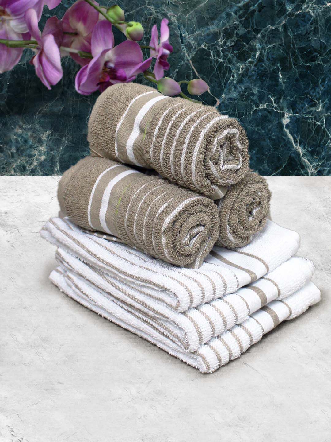 Athom Living White & Brown 6 Pieces Striped Cotton 150 GSM Soft Hand Towels-picture-38