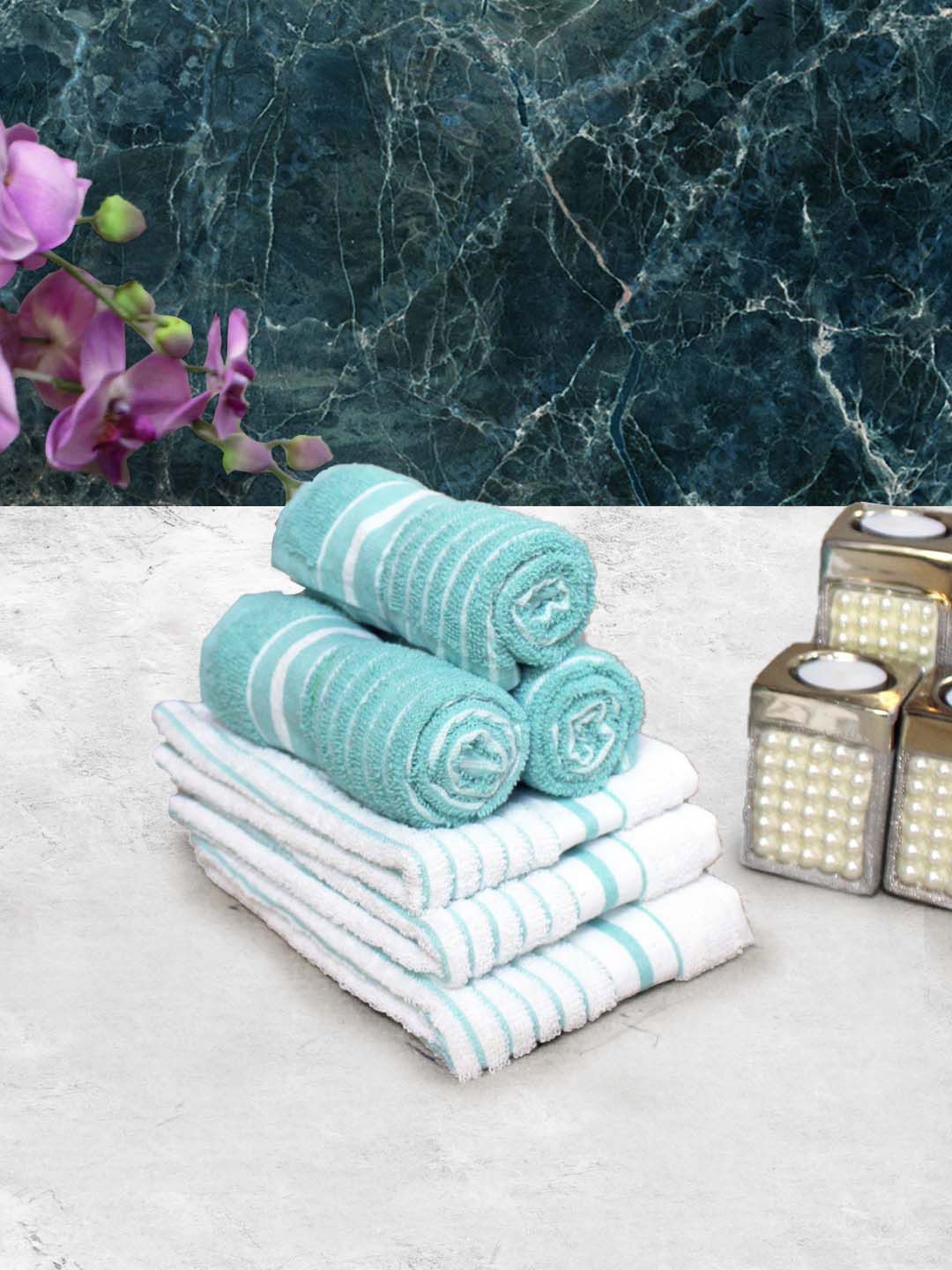 Athom Living Blue & white 6 Pieces Striped Cotton 150 GSM Soft Hand Towels-image-18