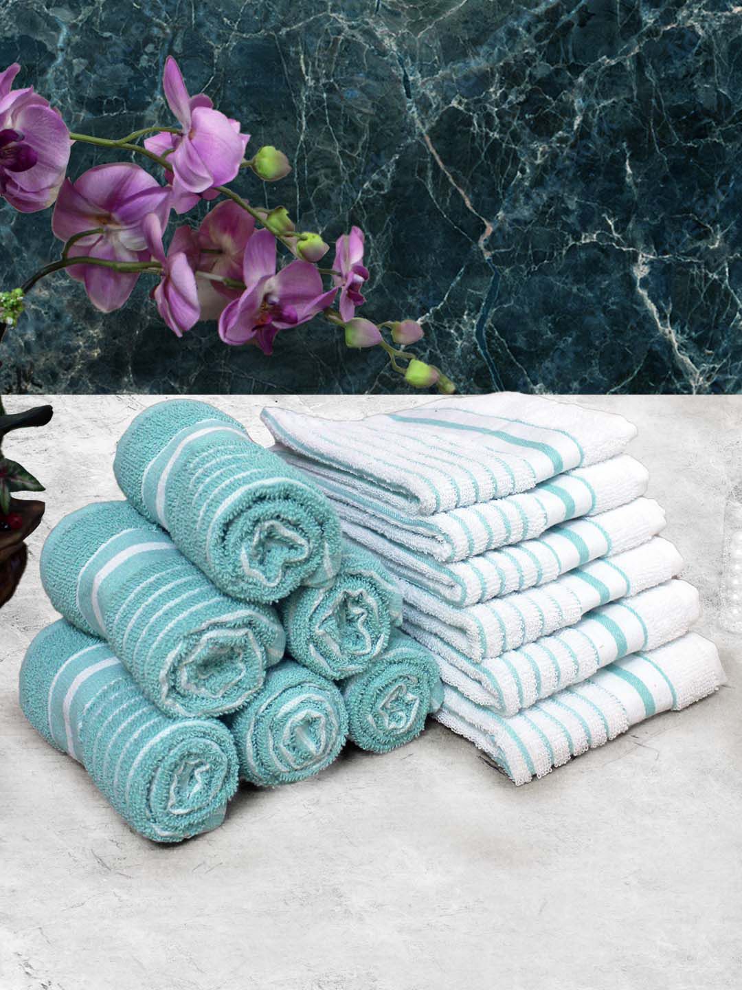 Athom Living Blue & White 12 Pieces Striped Cotton 150 GSM Soft Hand Towels-picture-36