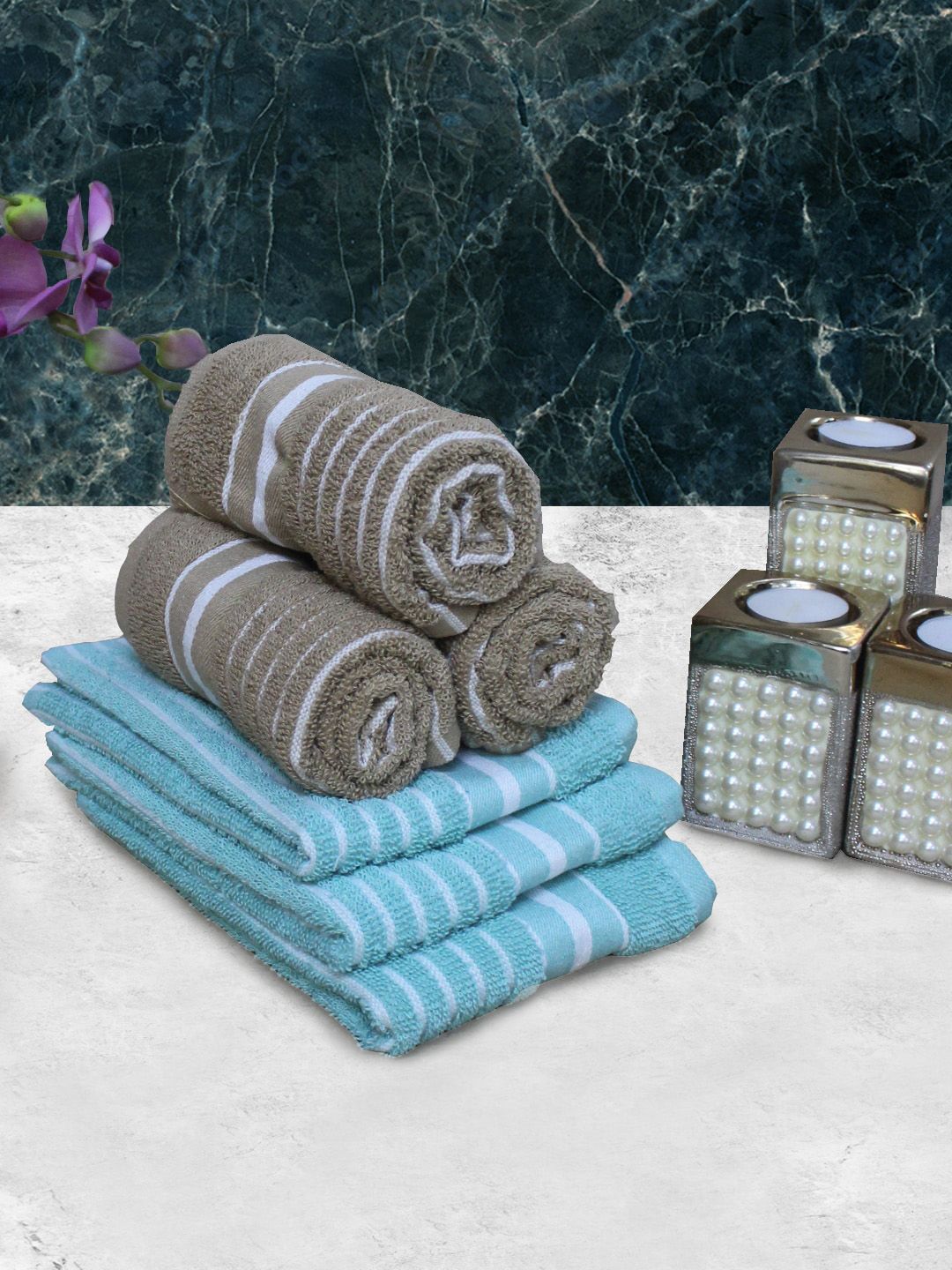Athom Living Green & Brown 6 Pieces Striped Cotton 150 GSM Soft Hand Towels-picture-15
