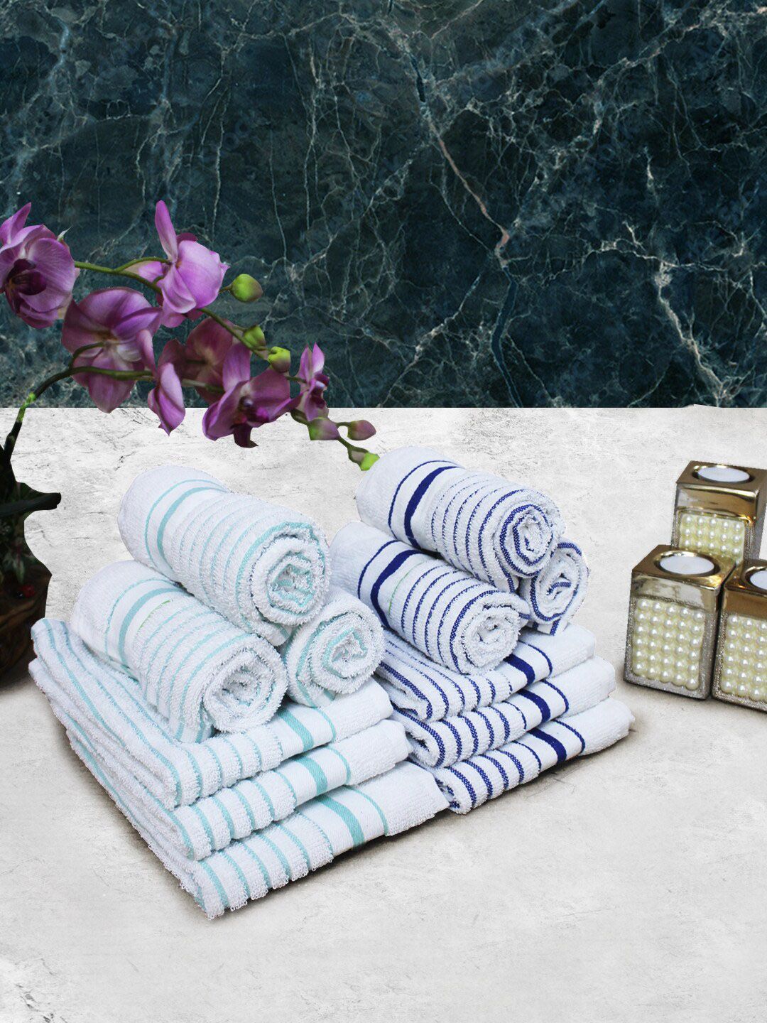 Athom Living White & Blue 12 Pieces Striped Cotton 150 GSM Soft Hand Towels-image-26