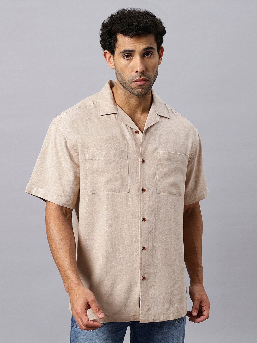 The Roadster Lifestyle Co. Beige Relaxed Short Sleeved Casual Shirts