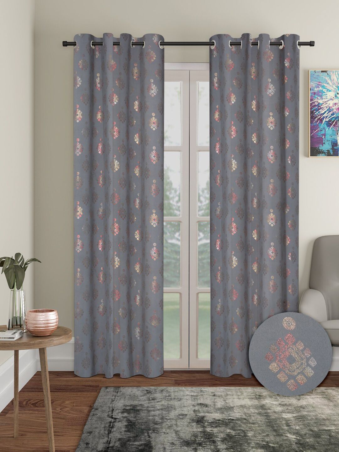 Aura Grey & Pink 2 Pieces Polyester Ethnic Motif Blackout Long Door Curtain-image-7