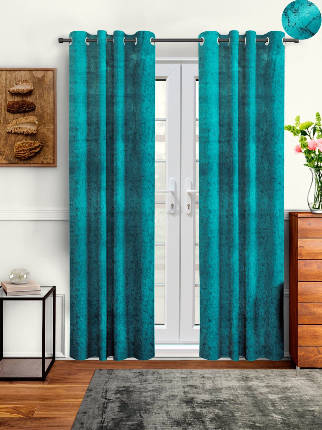 Aura Teal Blue 2 Pieces Velvet Solid Blackout Long Door Curtains-image-8