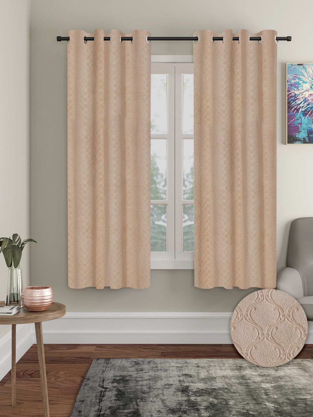 Aura Beige 2 Pieces Velvet Self Design Blackout Window Curtains-picture-26