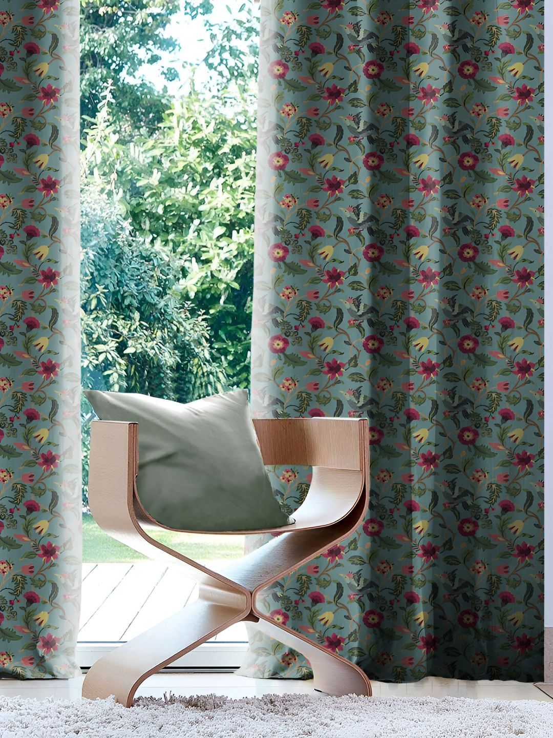 CASABLEU Sea Green 2 Pieces Floral Black Out Door Curtains-image-9