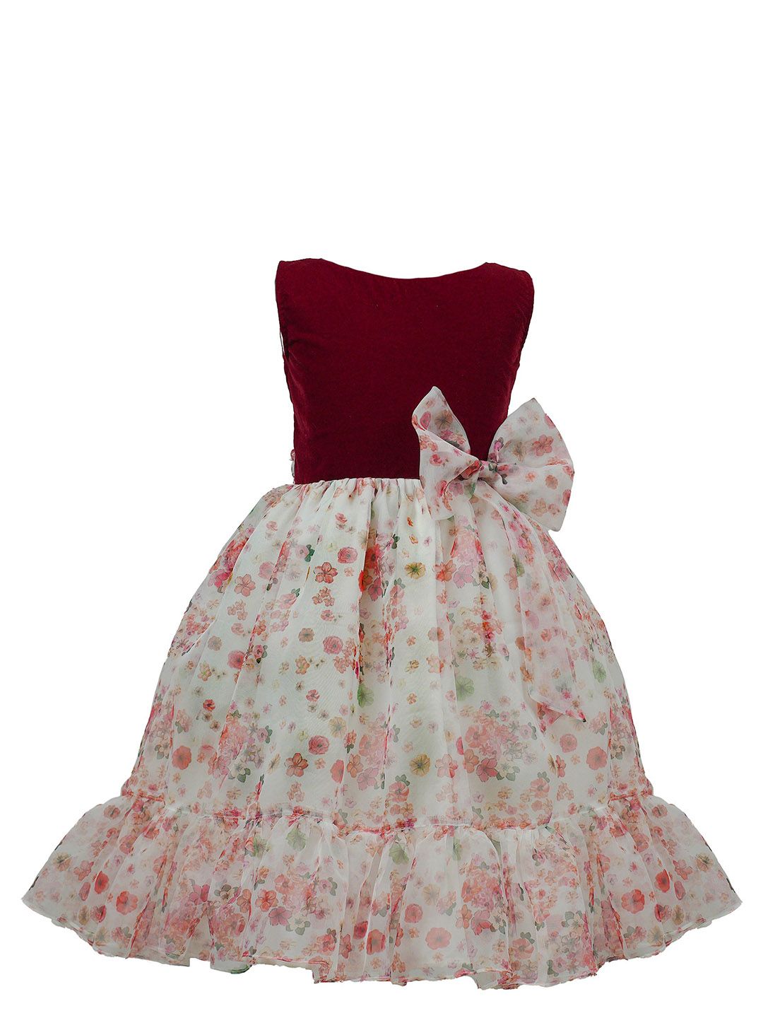 BAESD Girls Floral Printed Tiered & Bow Detail Velvet Fit & Flare Dress-picture-38