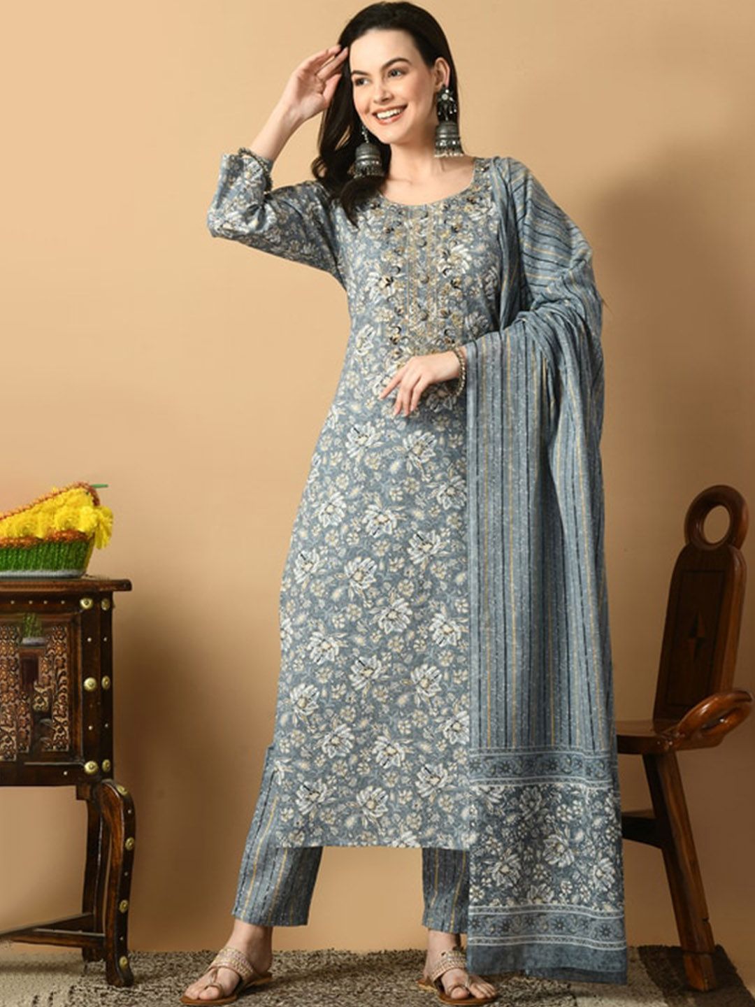 AVYCO Floral Printed Pure Cotton Kurta with Trousers & With Dupatta-picture-17