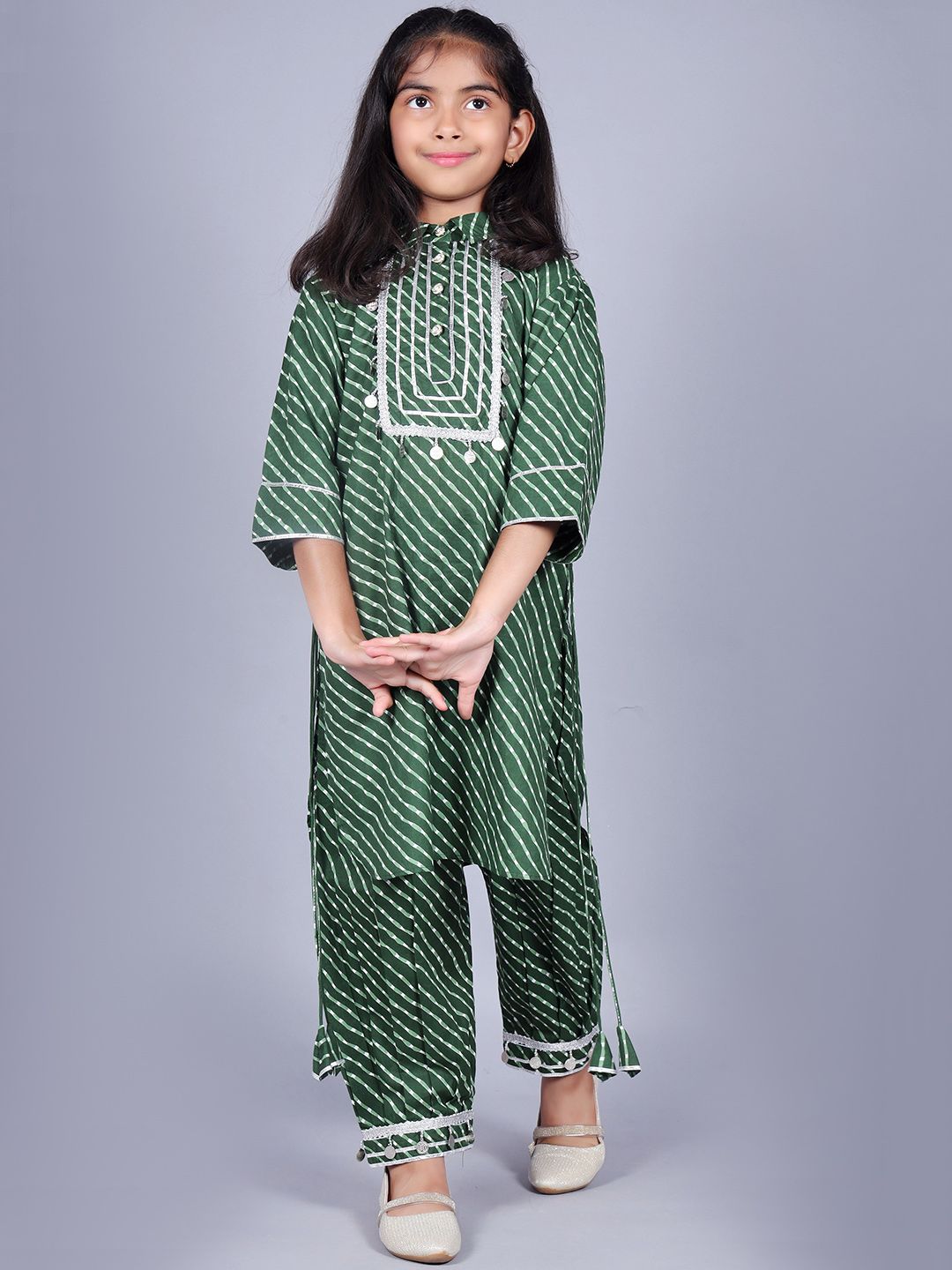 BAESD Girls Leheriya Printed Shirt Collar Gotta Patti Pure Cotton Kurta with Trousers-picture-48