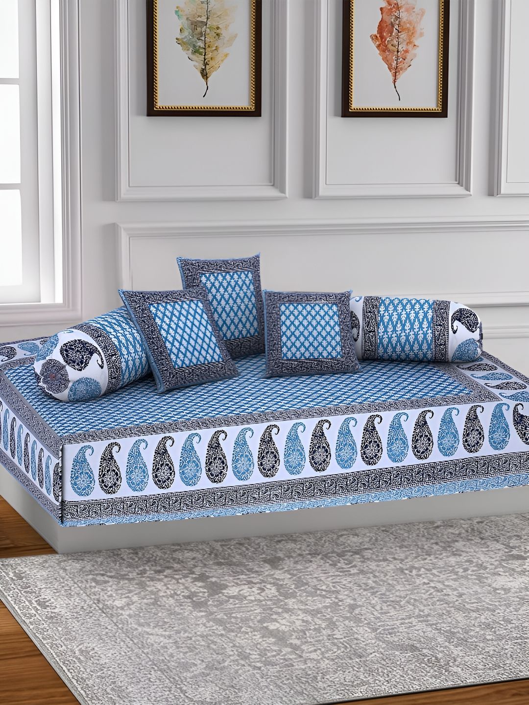 Texstylers 6 Pieces Blue Paisley Jaipuri Printed Cotton Jaipuri Diwan Set-picture-12