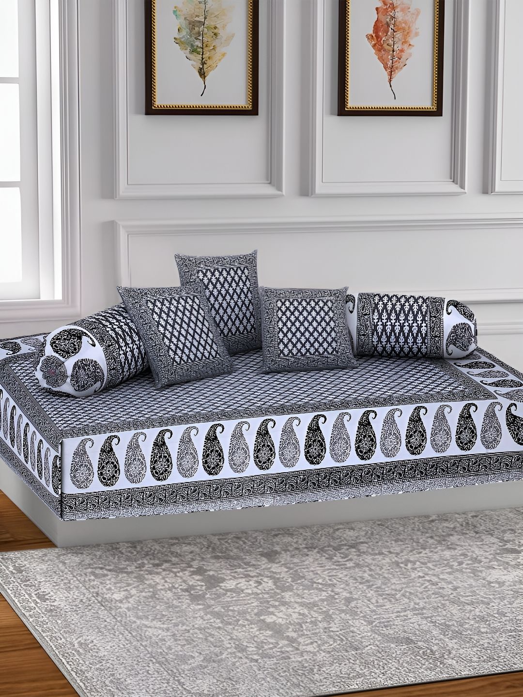 Texstylers 6 Pieces Grey Paisley Jaipuri Printed Cotton Diwan Set-image-22