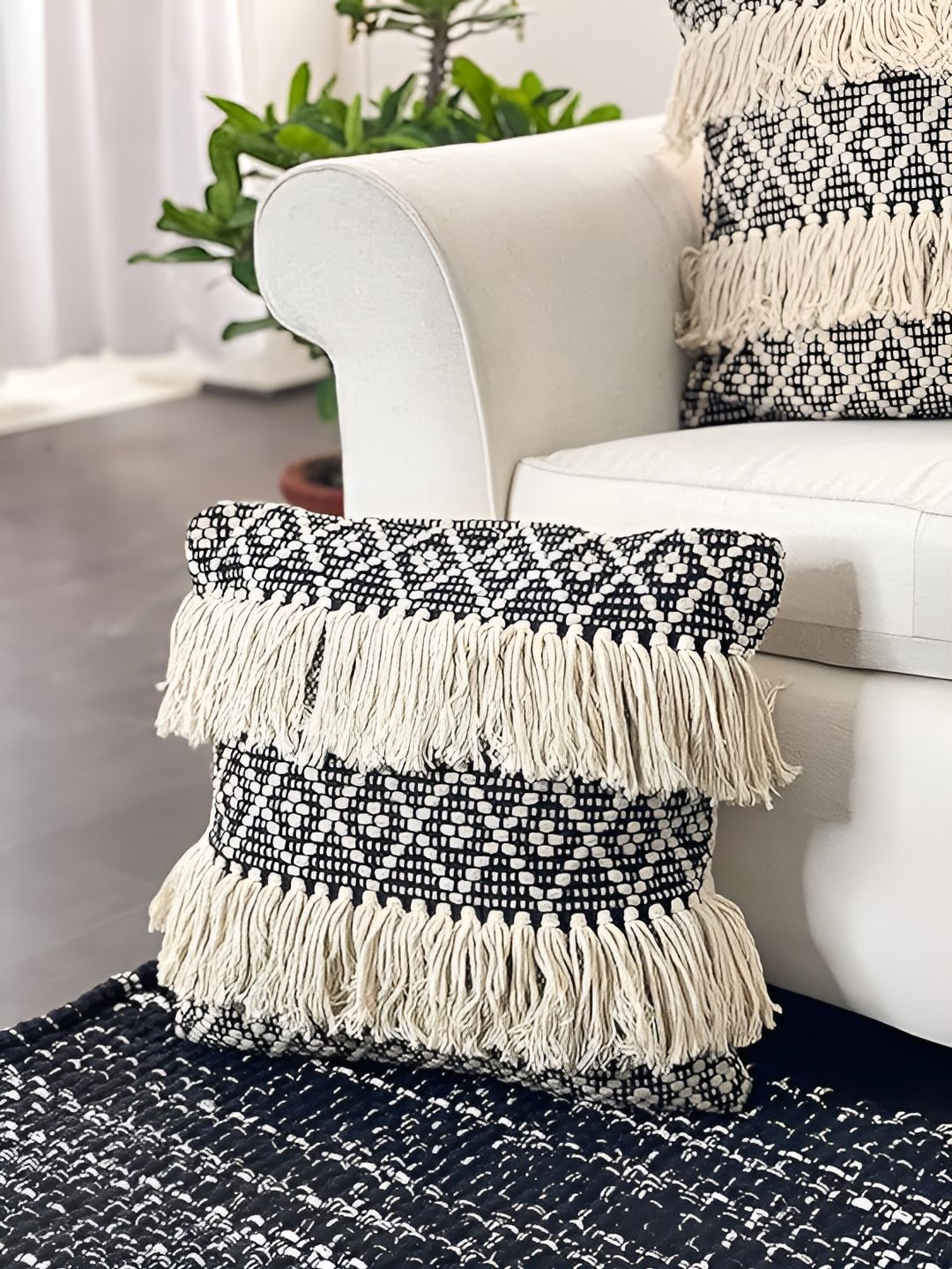 Textile and Beyond Beige & Black Cotton Square Cushion Cover-picture-24