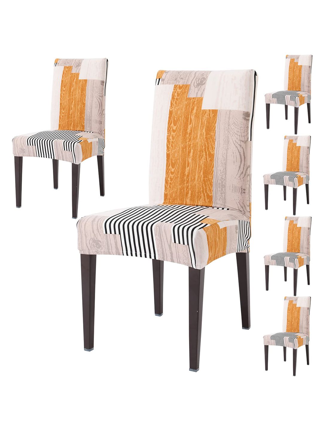HOKIPO Off-White & Yellow 6 Pieces Printed Stretchable Chair Covers