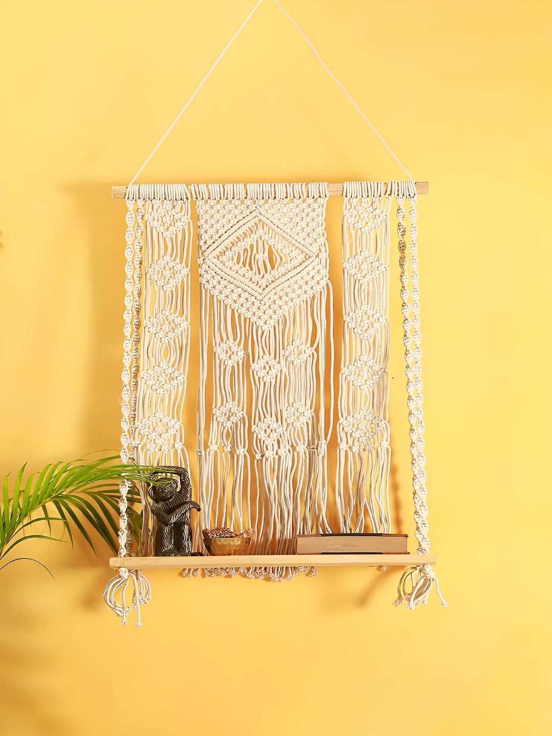 Manor House White Cotton & Wood Hanging Wall Shelf-image-2