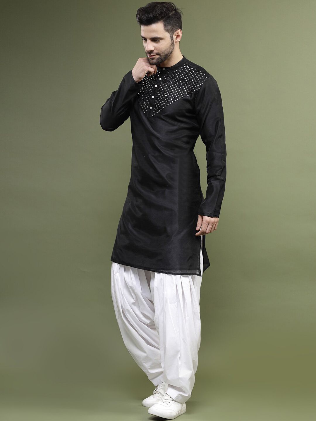 Ramas Men Mustard Long Sleeves Mandarin Collar Mirror Work Straight Kurta-picture-37
