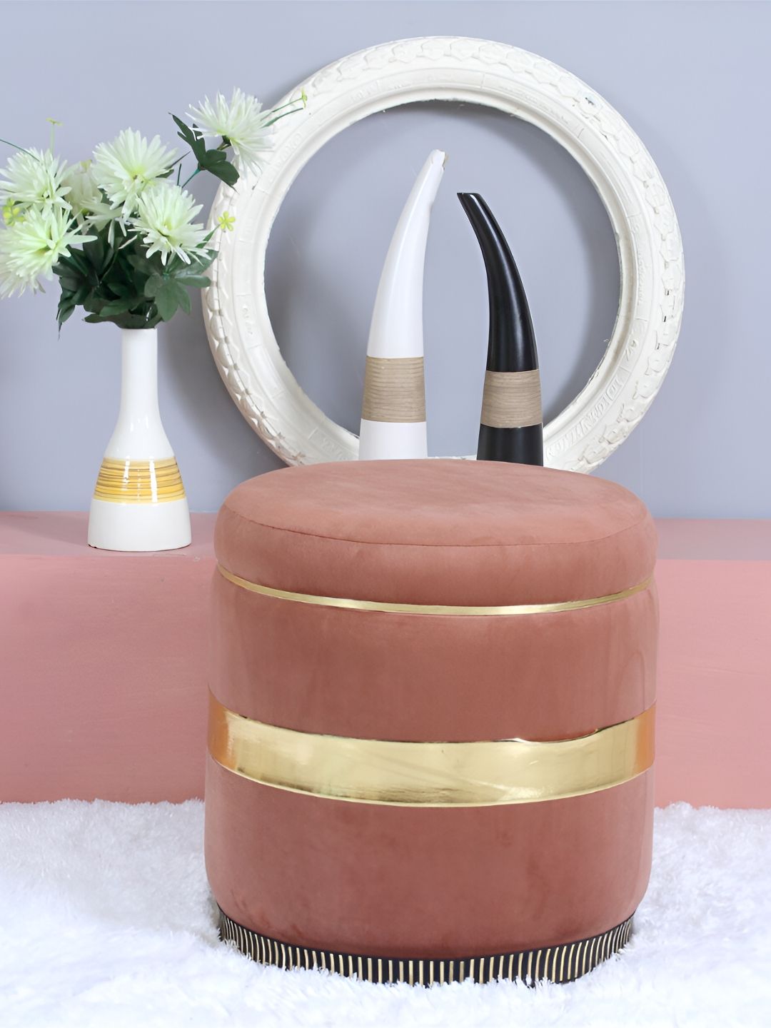 Shadowkart Brown Tufted Velvet Wooden Framed Cylindrical Ottoman-picture-36