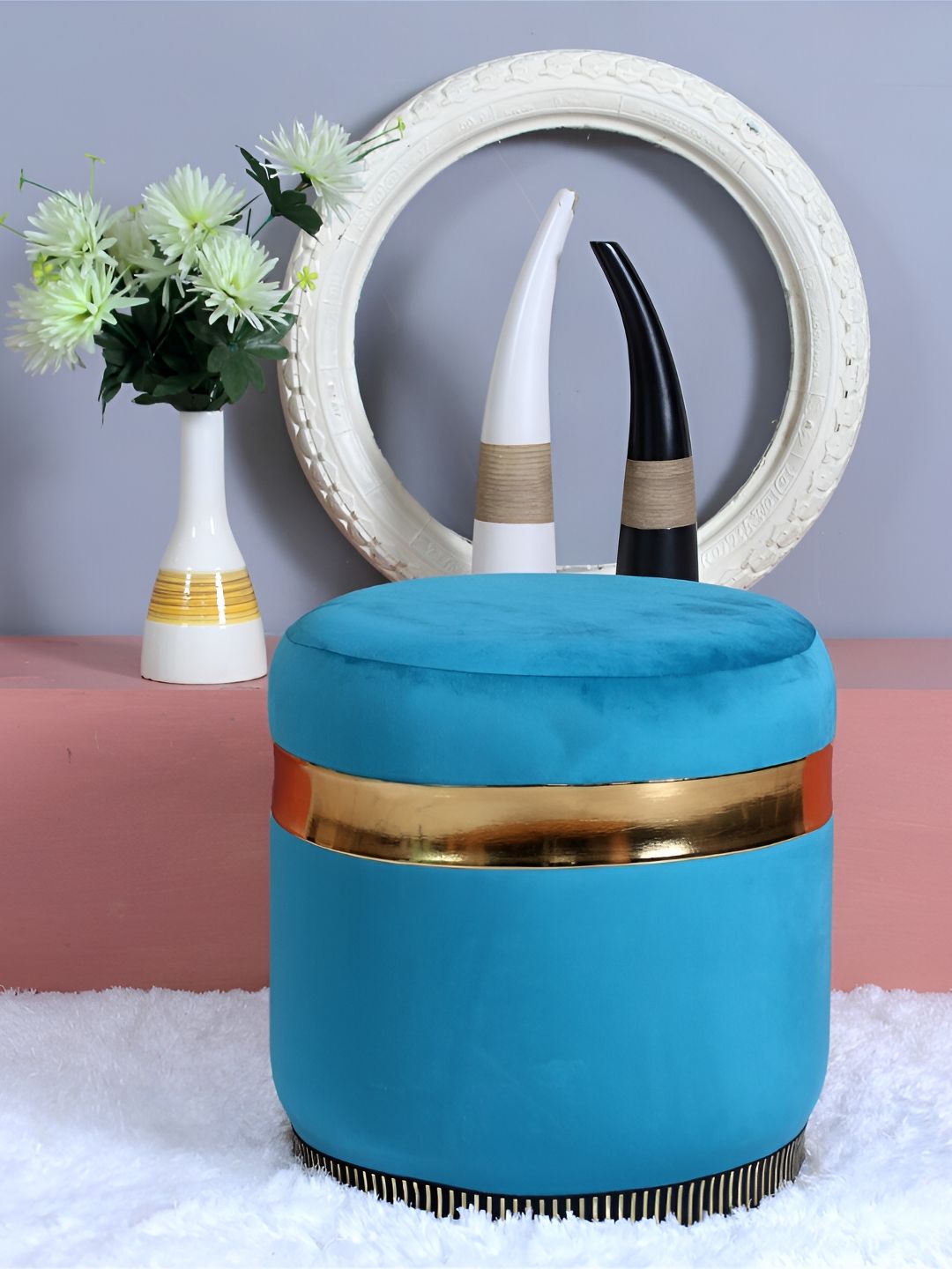 Shadowkart Blue Tufted Velvet & Wooden Framed Cylindrical Ottoman-picture-10