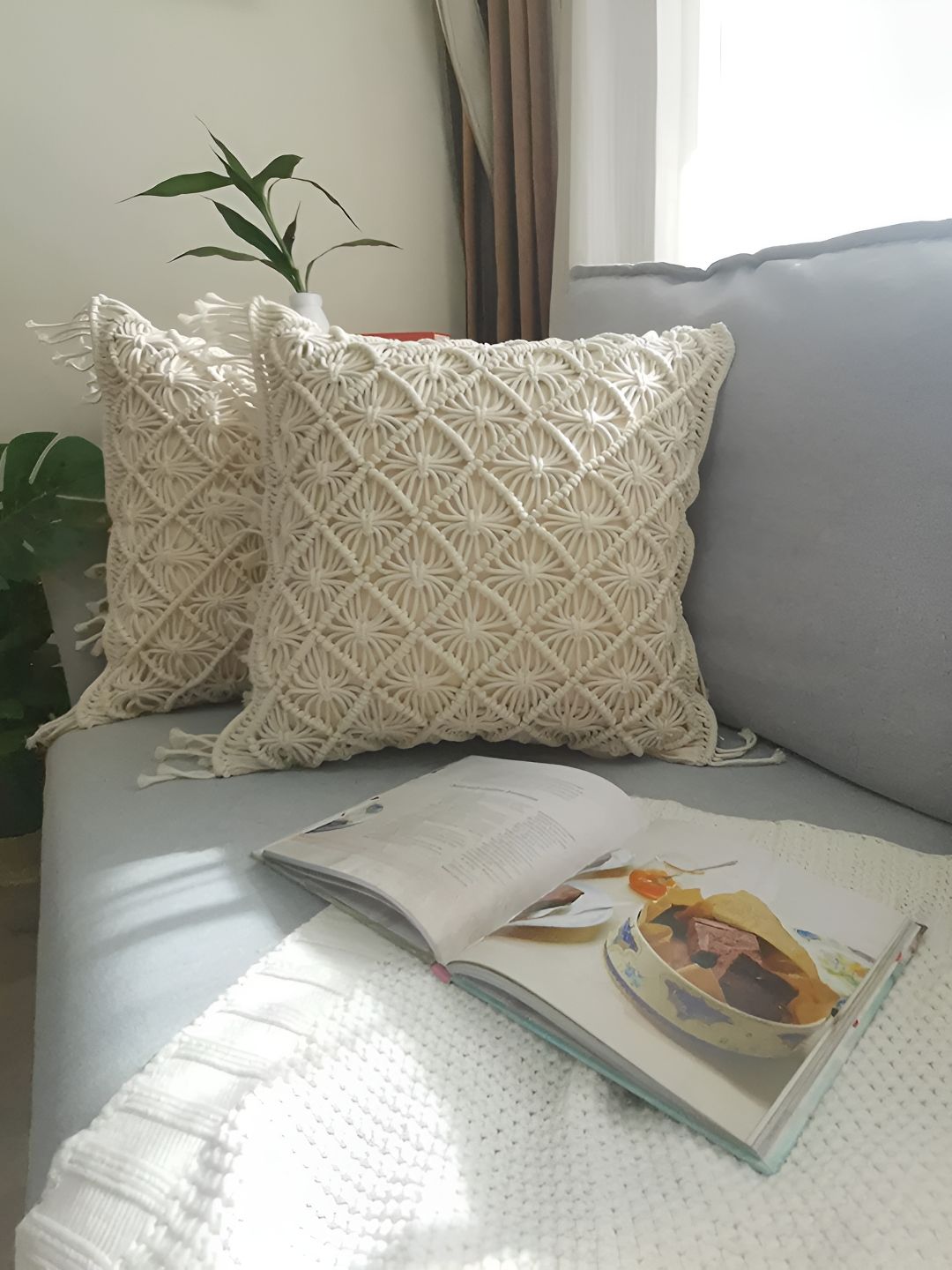 Textile and Beyond Off White 2 Pieces Cotton Square Cushion Covers-picture-28