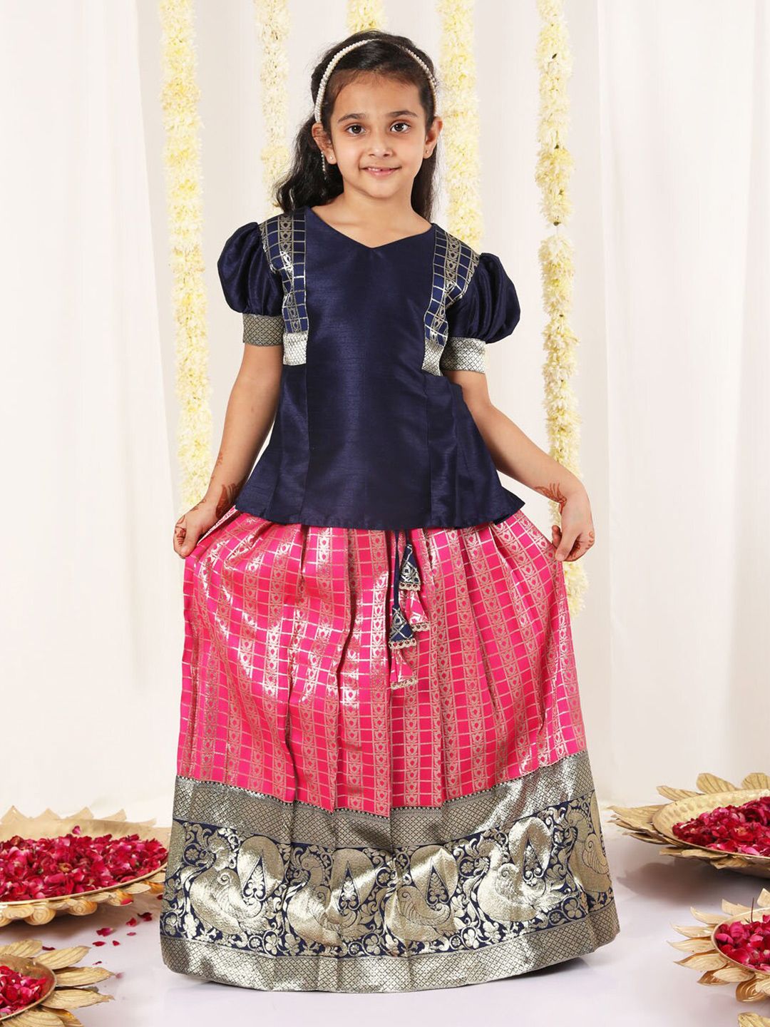 JBN Creation Girls Woven Design Puffed Sleeves Zari Ready to Wear Lehenga & Blouse-image-27