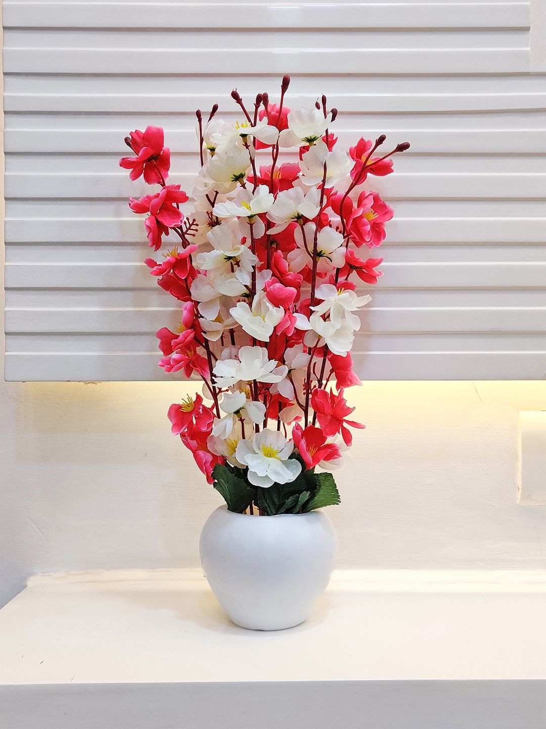 ARTSY White & Red Cherry Blossom Artificial Flowers With Pot