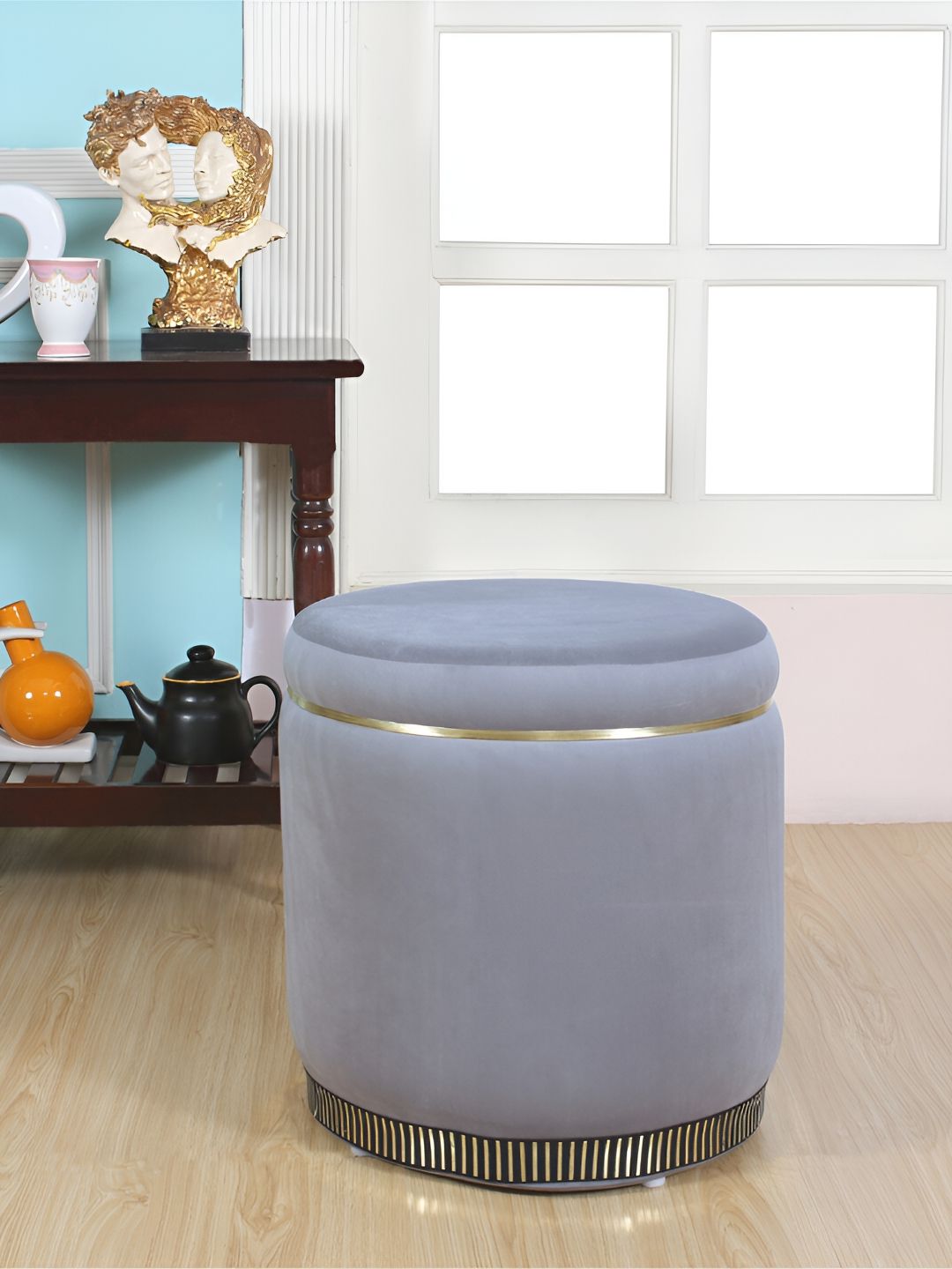 Shadowkart Grey Wooden Cylindrical Ottomans-image-0