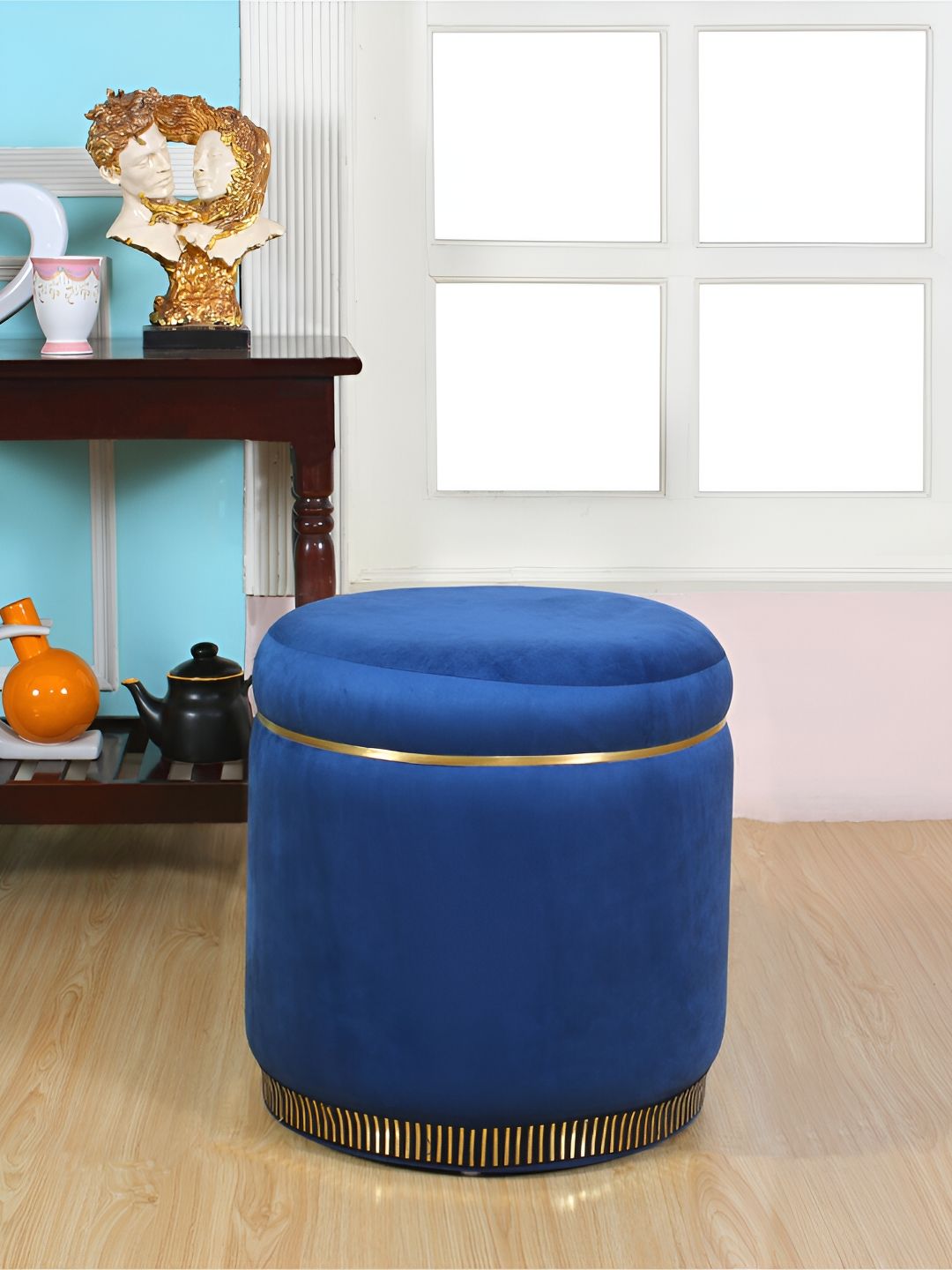 Shadowkart Blue & Beige Round Wood Ottomans-picture-32