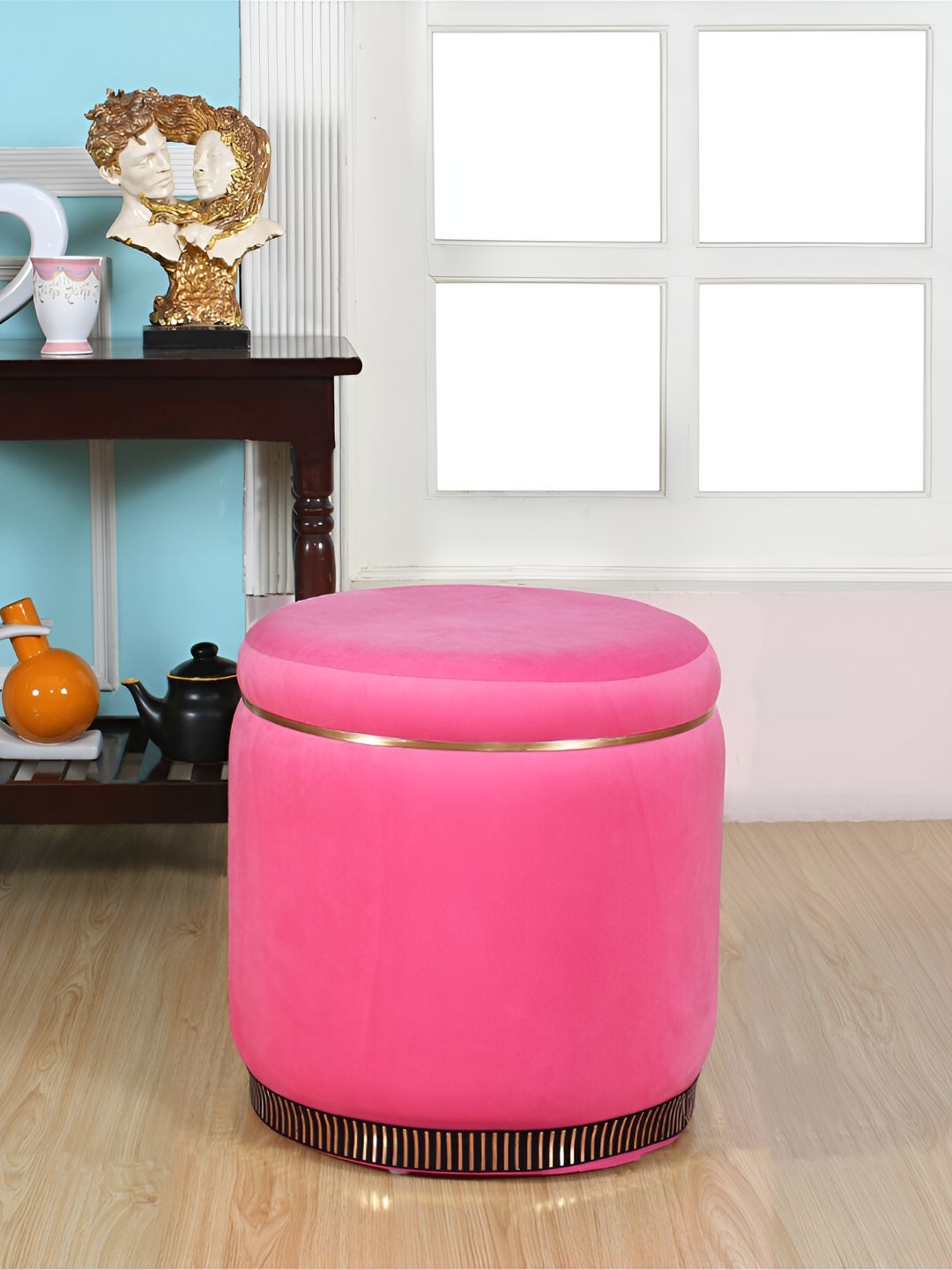 Shadowkart Pink & Beige Round Wooden Ottomans-picture-23