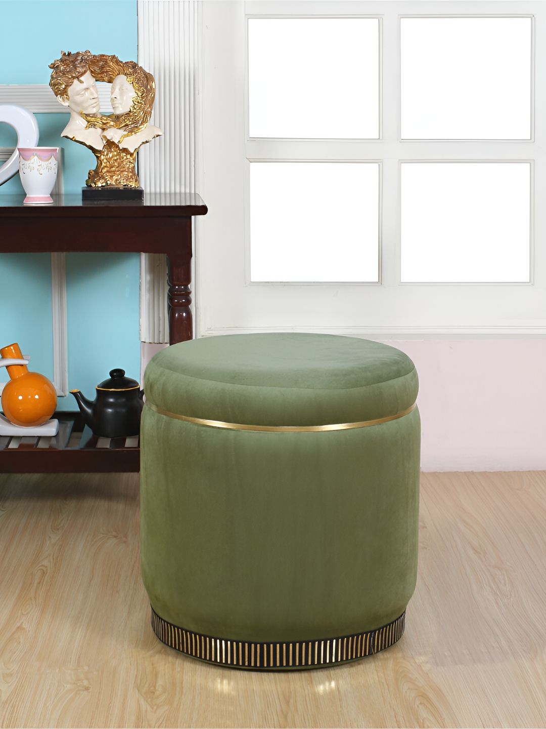 Shadowkart Green & Beige Round Wooden Ottomans-picture-30