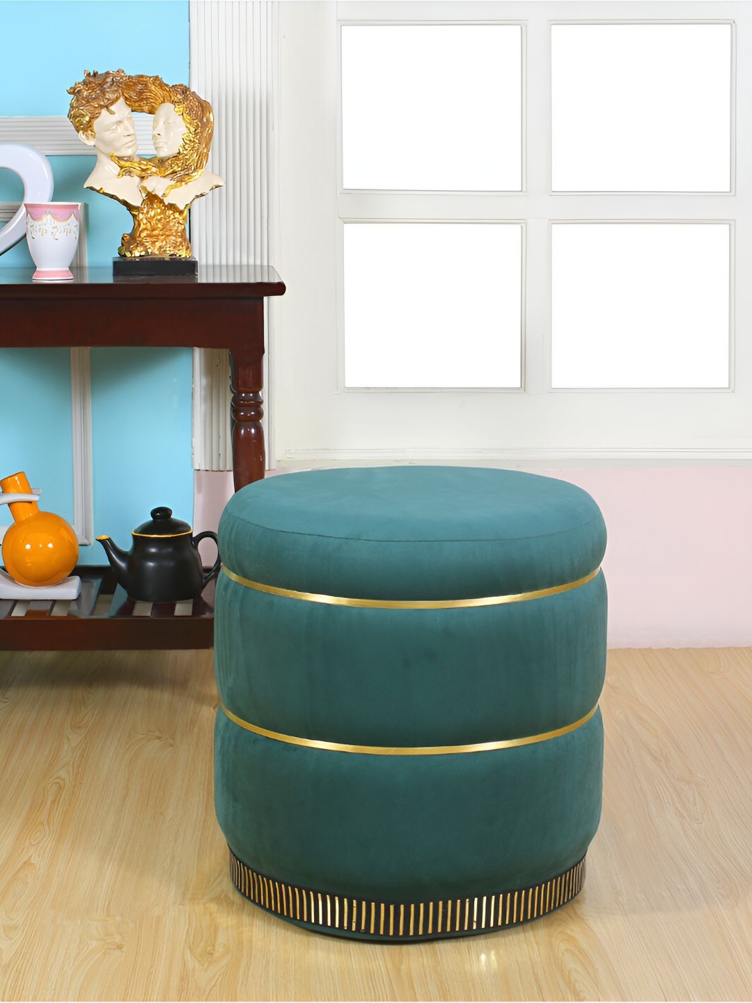 Shadowkart Sea Green & Beige Velvet Cylindrical Ottomans-picture-22