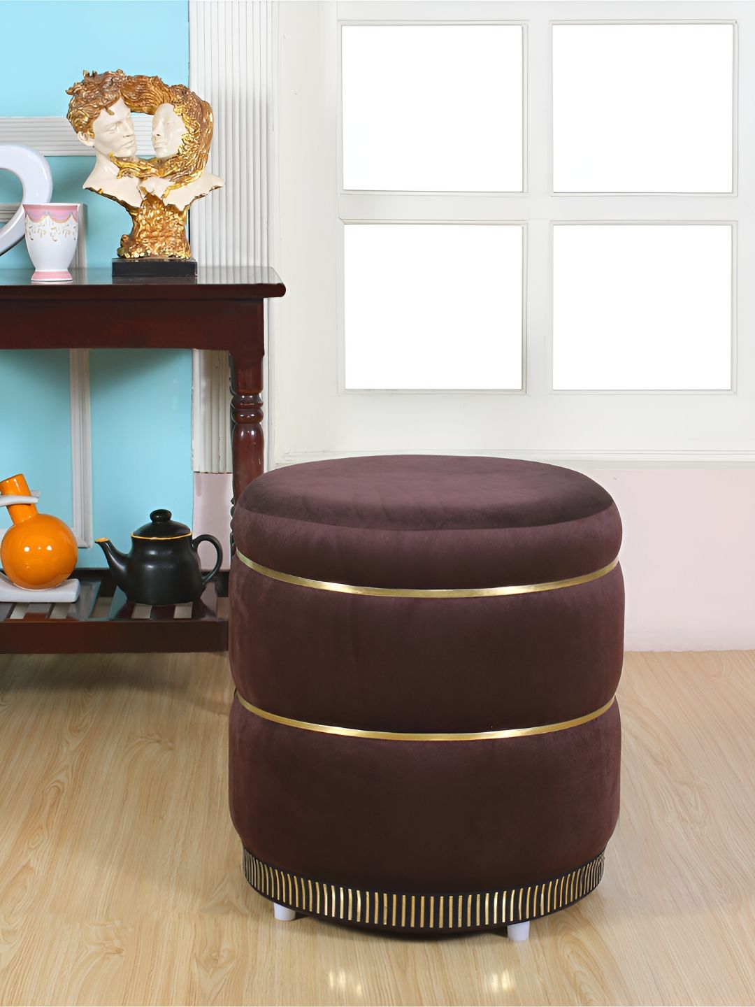 Shadowkart Coffee Brown Velvet Cylindrical Ottomans-image-24